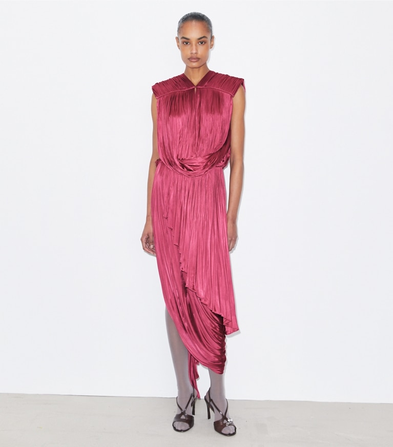 Tory Burch designer dresses Jersey Draped Dress in Cranberry front