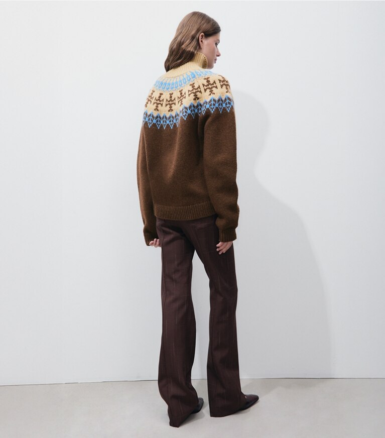 Tory Burch diseñador suéteres Jersey Fair Isle de lana en Chocolate Fairisle en el modelo (espalda)