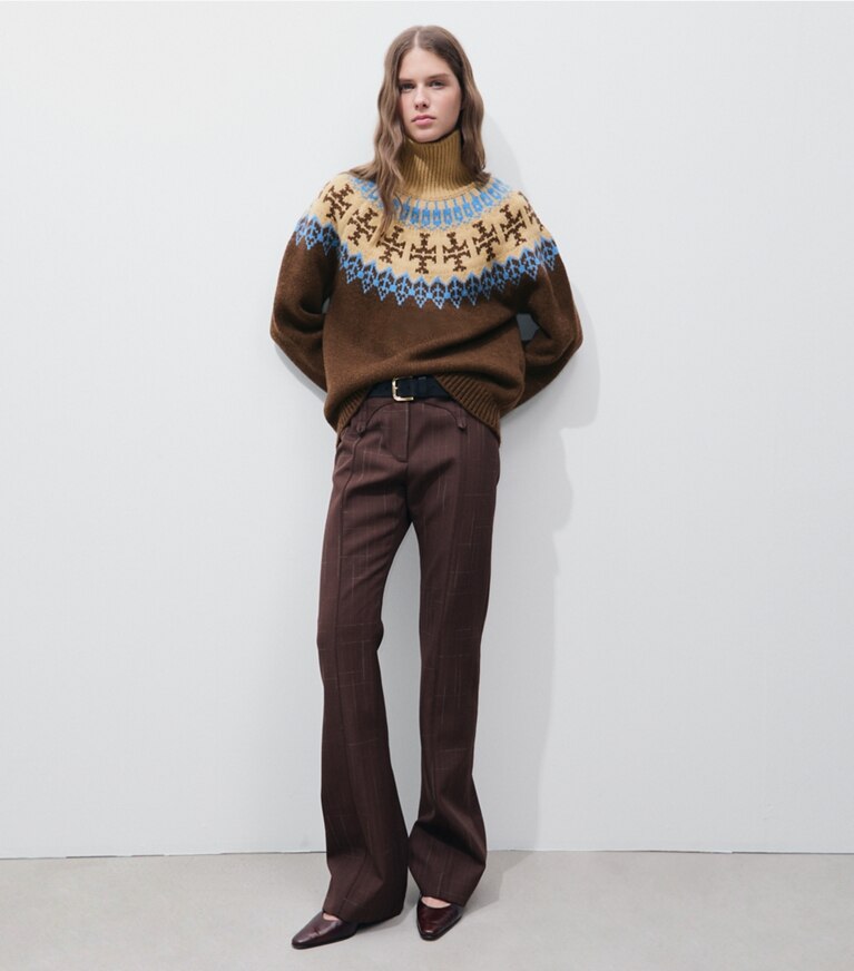 Tory Burch diseñador suéteres Jersey Fair Isle de lana en Chocolate Fairisle en el modelo (frente)