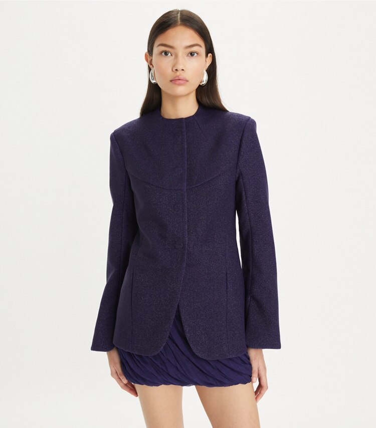 Tory Burch designer jackets Jersey Jacket in Royal Ink on model detail