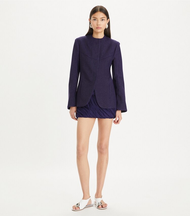 Tory Burch designer jackets Jersey Jacket in Royal Ink on model front