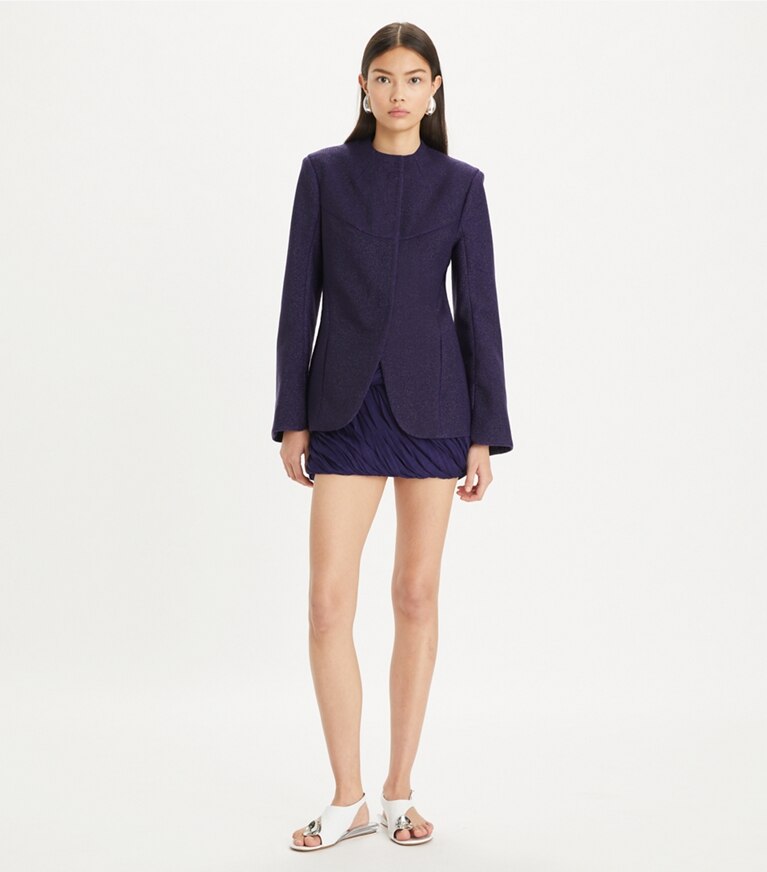 Tory Burch designer jackets Jersey Jacket in Royal Ink on model front