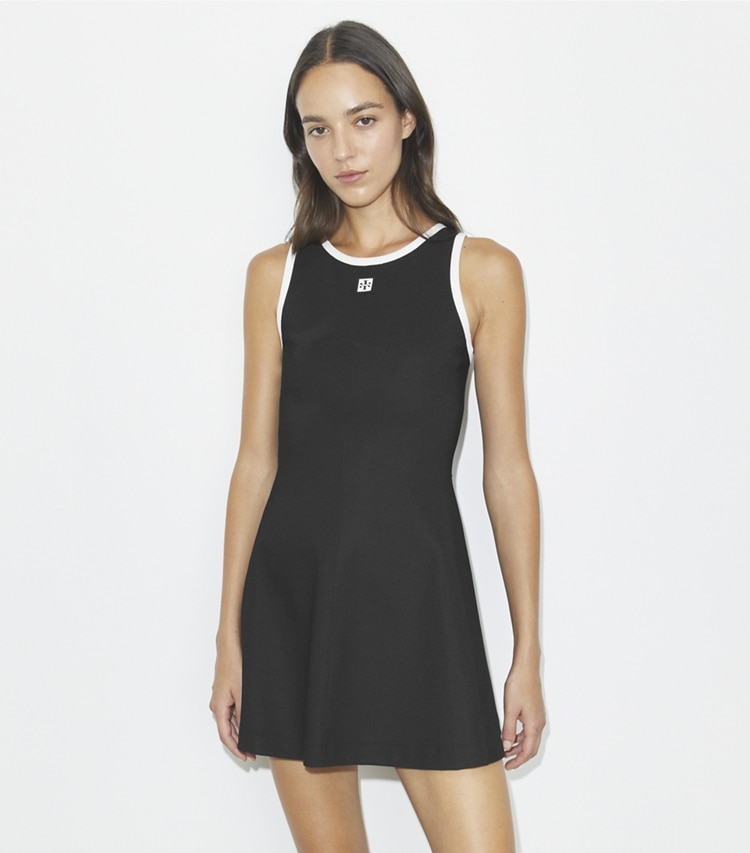 Tory Burch designer dresses Jersey Racerback Tennis Dress in Black / Snow White on model detail
