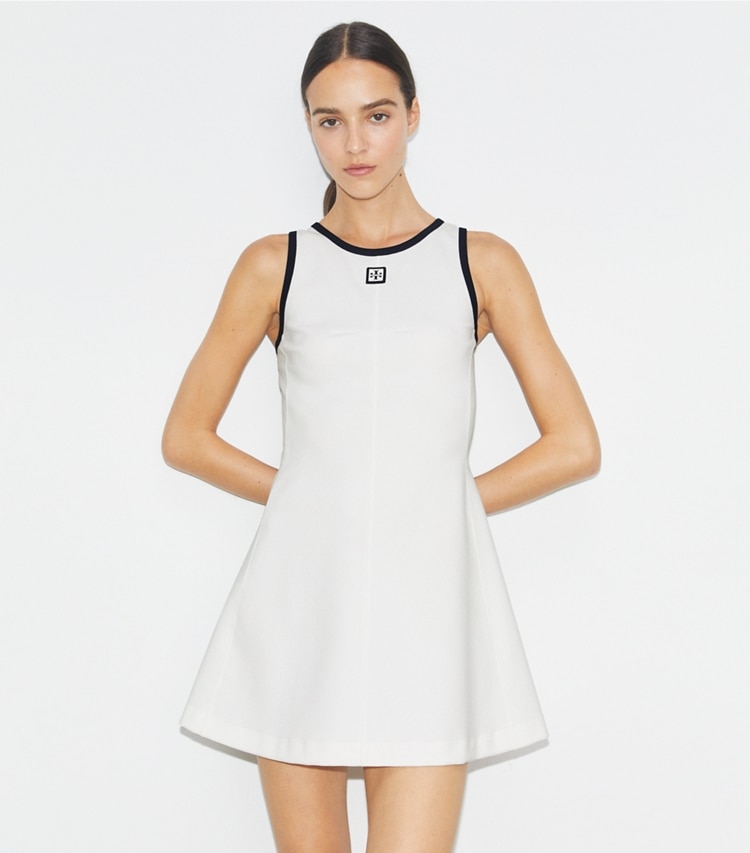 Tory Burch designer dresses Jersey Racerback Tennis Dress in Snow White / Deep Navy on model detail