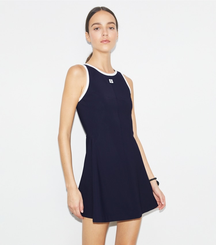 Tory Burch designer dresses Jersey Racerback Tennis Dress in Deep Navy / Snow White on model detail