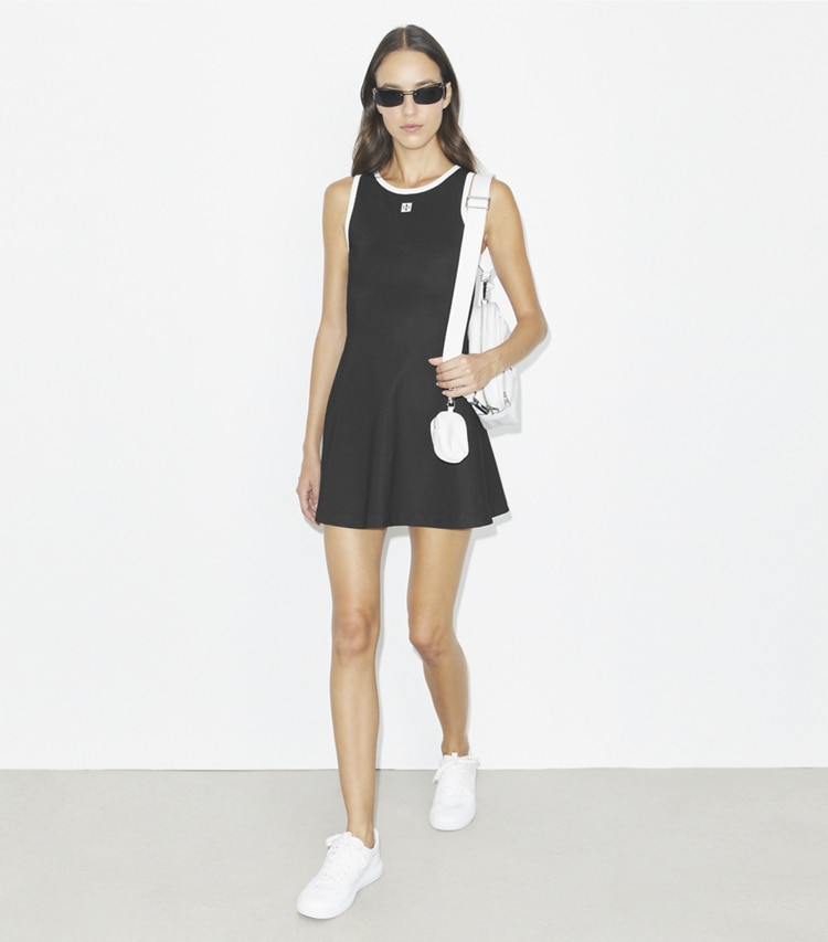 Tory Burch designer dresses Jersey Racerback Tennis Dress in Black / Snow White on model front