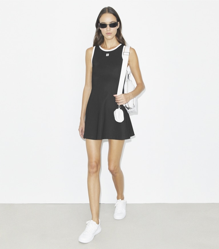 Tory Burch designer dresses Jersey Racerback Tennis Dress in Black / Snow White front