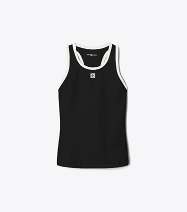 Tory Burch designer tops Jersey Racerback Tennis Tank Top in Black / Snow White front