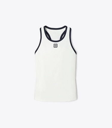 Tory Burch designer tops Jersey Racerback Tennis Tank Top in Snow White / Deep Navy front