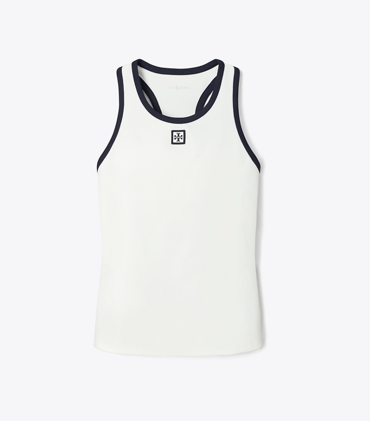Tory Burch designer tops Jersey Racerback Tennis Tank Top in Snow White / Deep Navy front