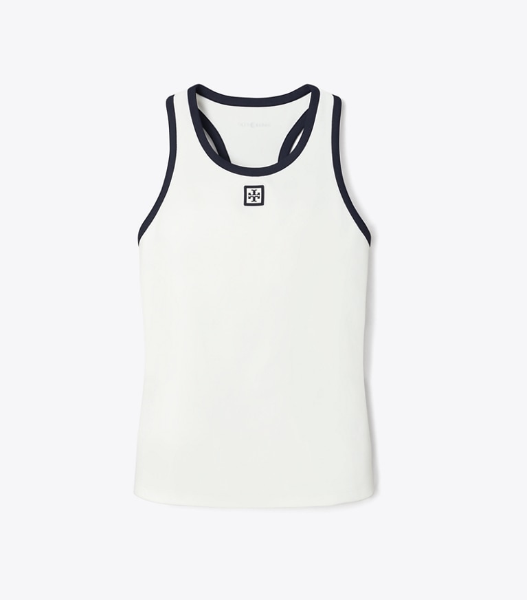 Tory Burch designer tops Jersey Racerback Tennis Tank Top in Snow White / Deep Navy front