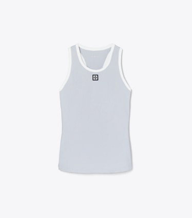 Tory Burch designer tops Jersey Racerback Tennis Tank Top in Light Blue / Snow White front