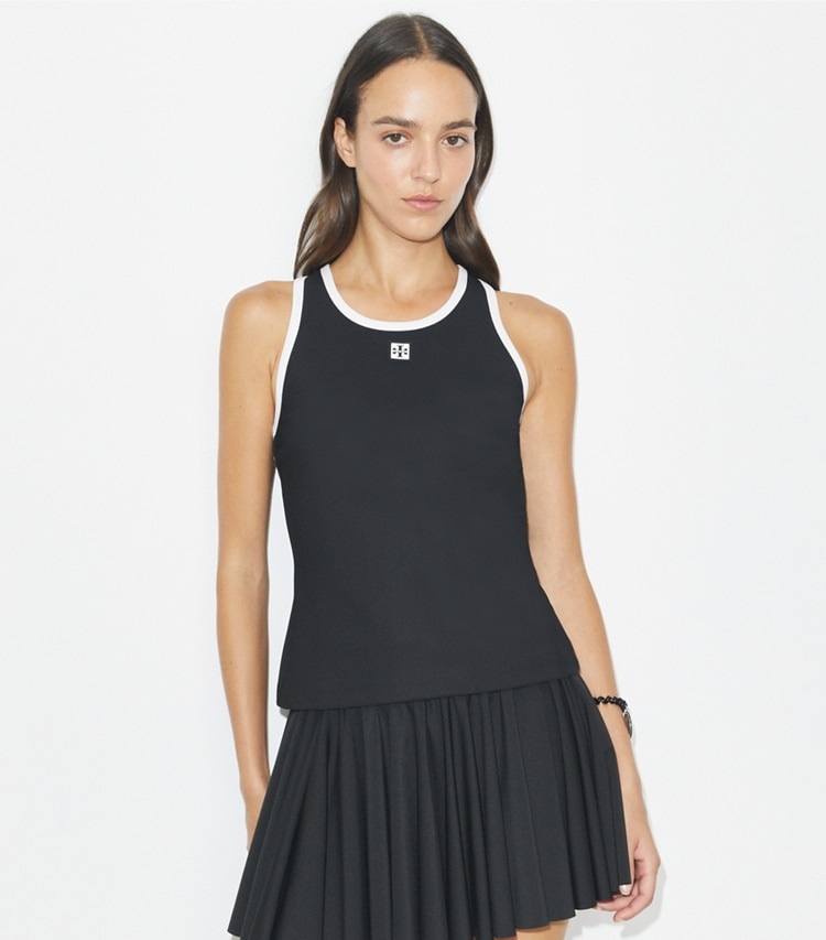 Tory Burch designer tops Jersey Racerback Tennis Tank Top in Black / Snow White on model detail