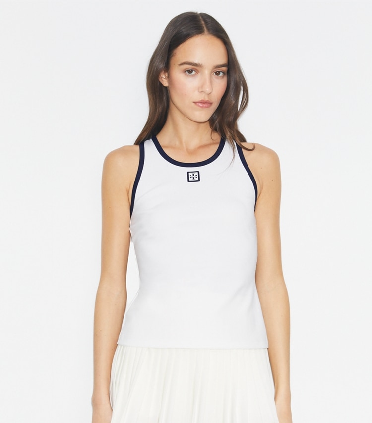 Tory Burch designer tops Jersey Racerback Tennis Tank Top in Snow White / Deep Navy on model detail