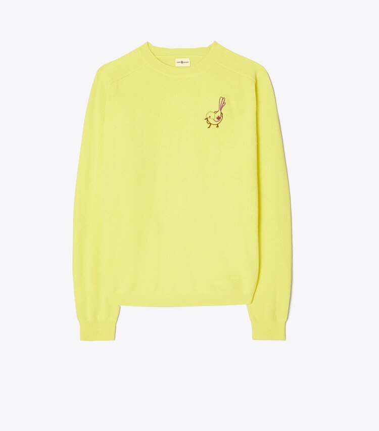 Tory Sport diseñador suéteres Jersey raglán de cachemira con pajarito en Lemon Glow frontal