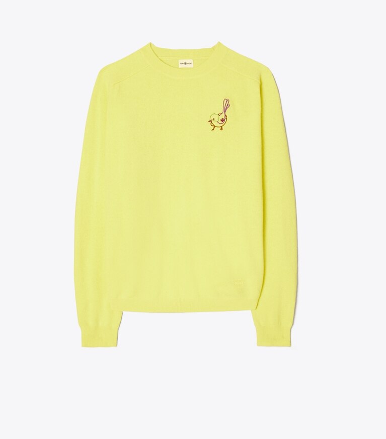 Tory Sport diseñador suéteres Jersey raglán de cachemira con pajarito en Lemon Glow frontal