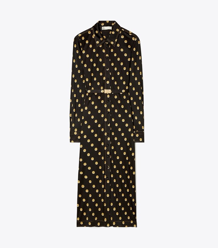 Gold Black Mini Dotted Silk Midi Shirt Dress - 8