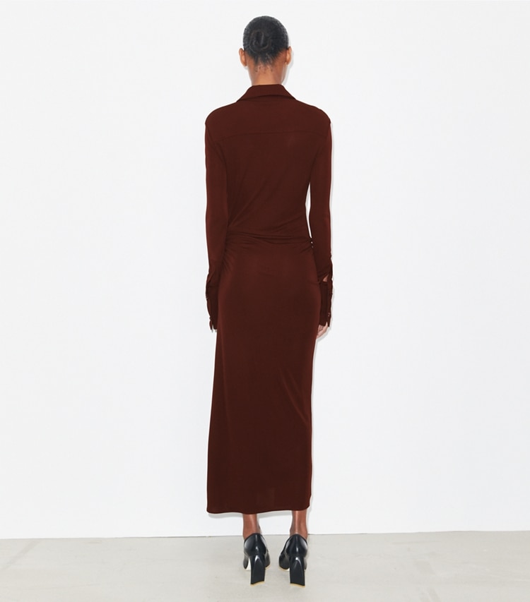 Tory Burch designer dresses Jersey Shirtdress in Dark Sangria on model back