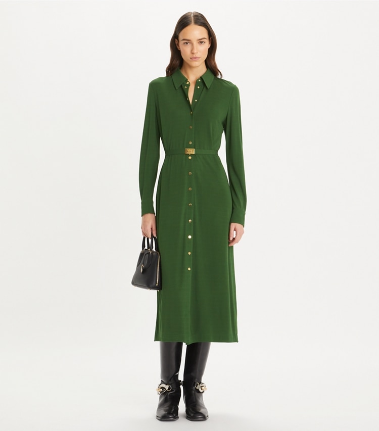 Tory Burch designer dresses Jersey Shirtdress in Dark Rainforest on model front