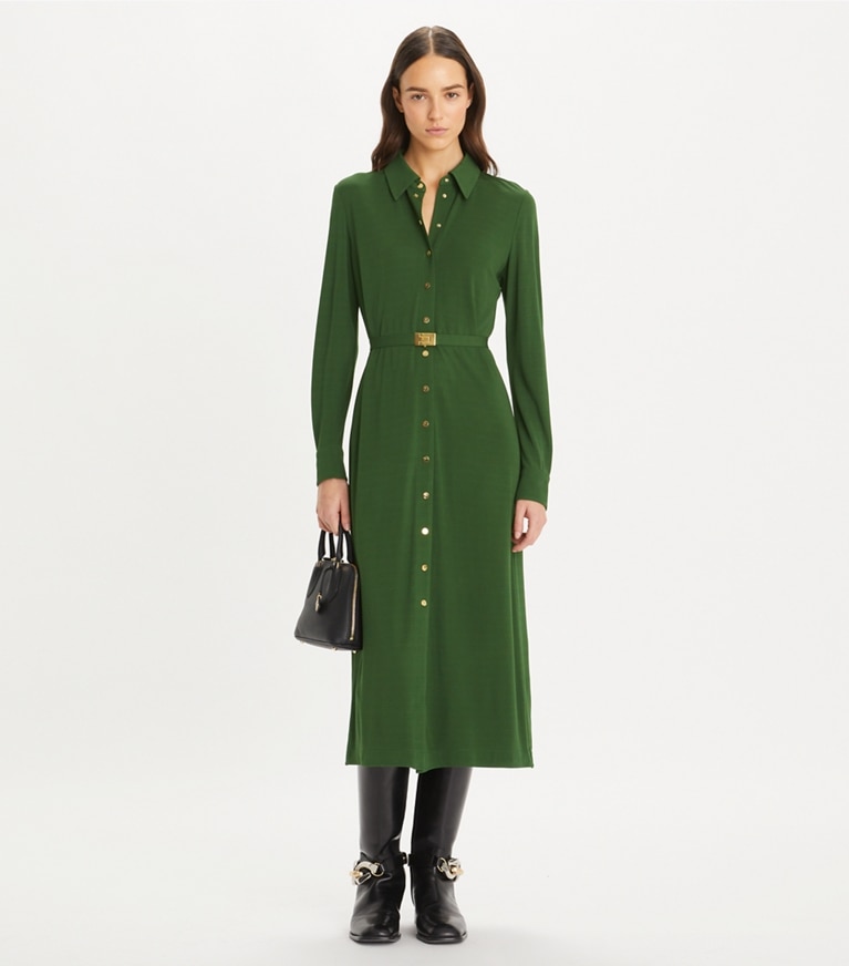 Tory Burch designer dresses Jersey Shirtdress in Dark Rainforest front
