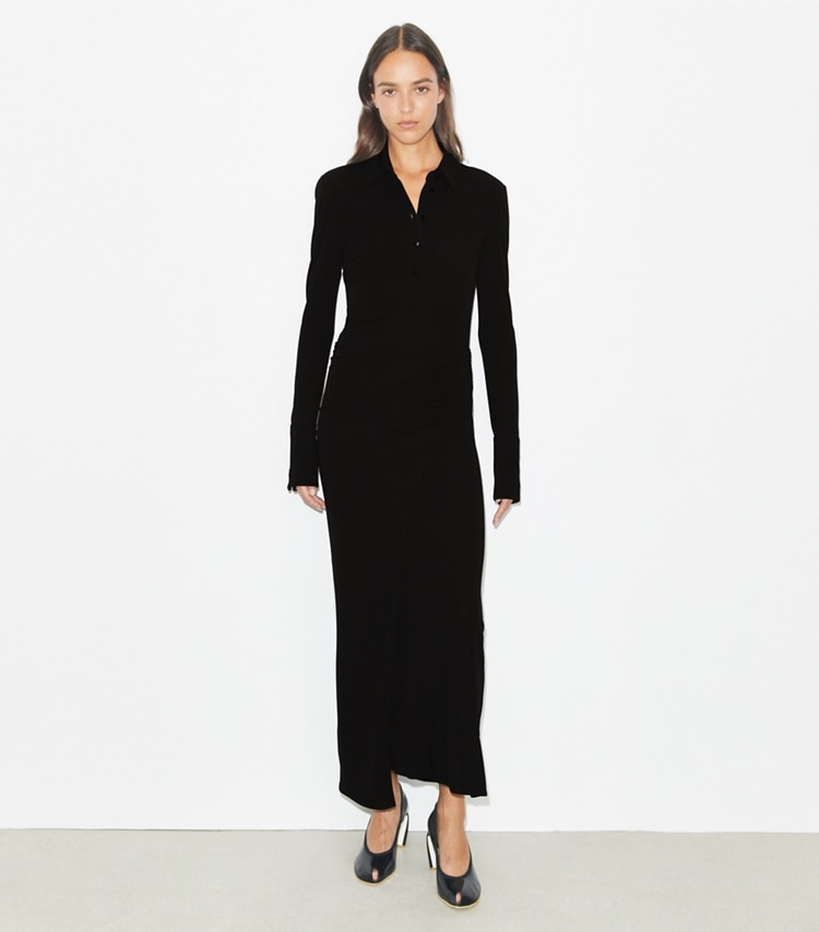 Tory Burch designer dresses Jersey Shirtdress in Black on model front