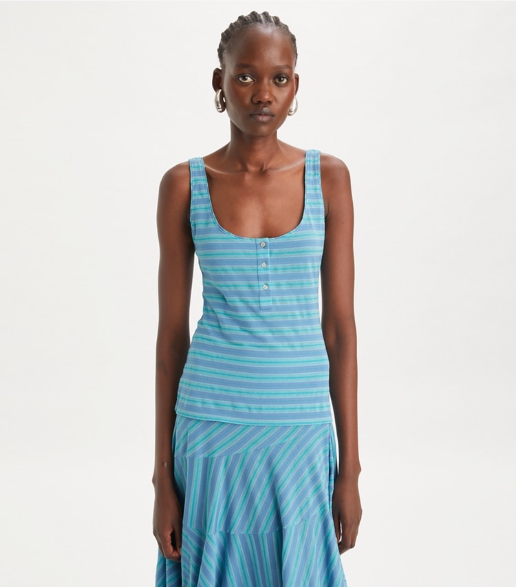 Tory Burch designer tops Jersey Striped Tank in Blue Multi Stripe on model detail