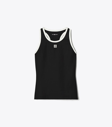Tory Burch designer tops Jersey Tennis Tank Top in Black / Snow White front