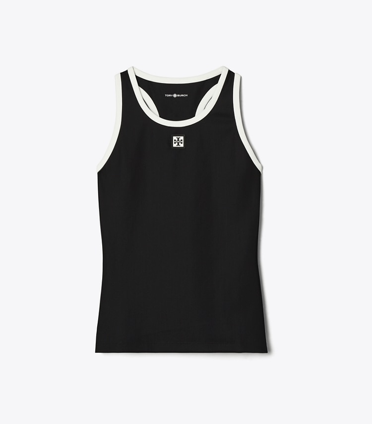 Tory Burch designer tops Jersey Tennis Tank Top in Black / Snow White front
