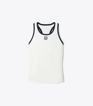 Tory Burch designer tops Jersey Tennis Tank Top in Snow White / Deep Navy front