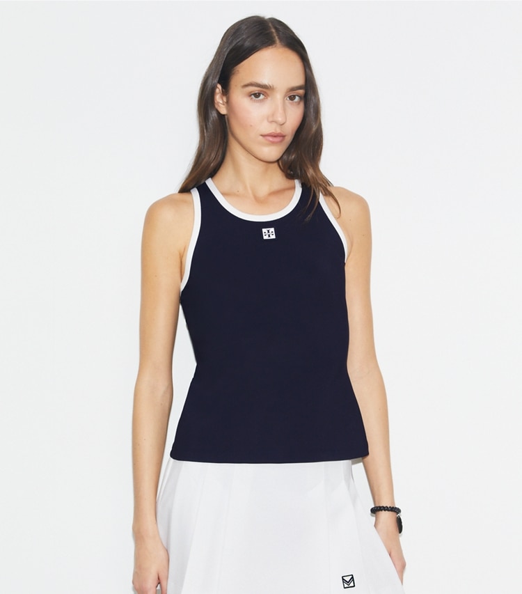 Tory Burch designer tops Jersey Tennis Tank Top in Deep Navy / Snow White on model detail