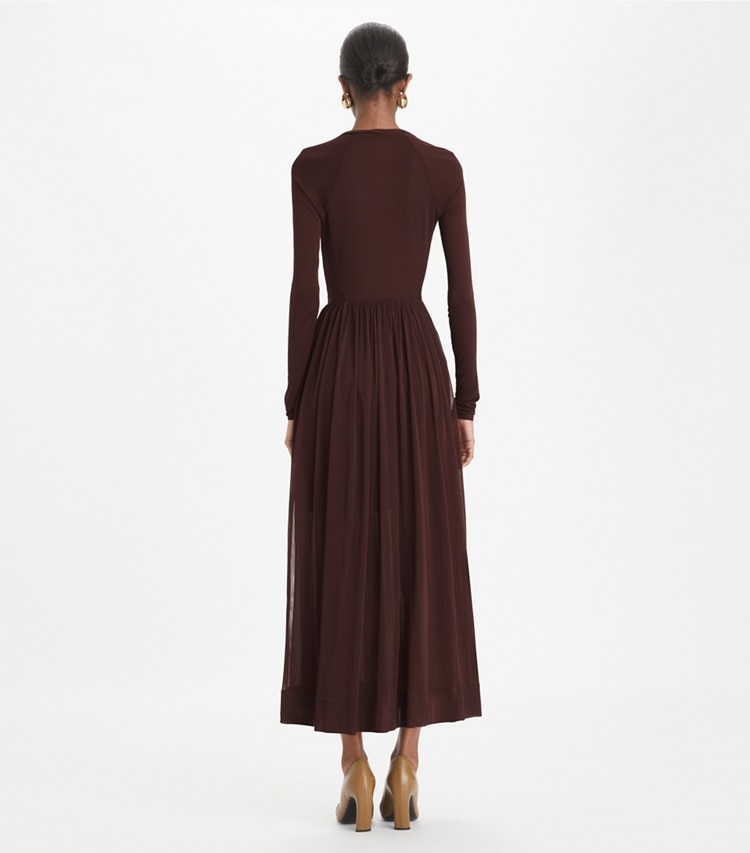 Tory Burch designer dresses Jersey Wrap Dress in Spiced Chocolate on model back