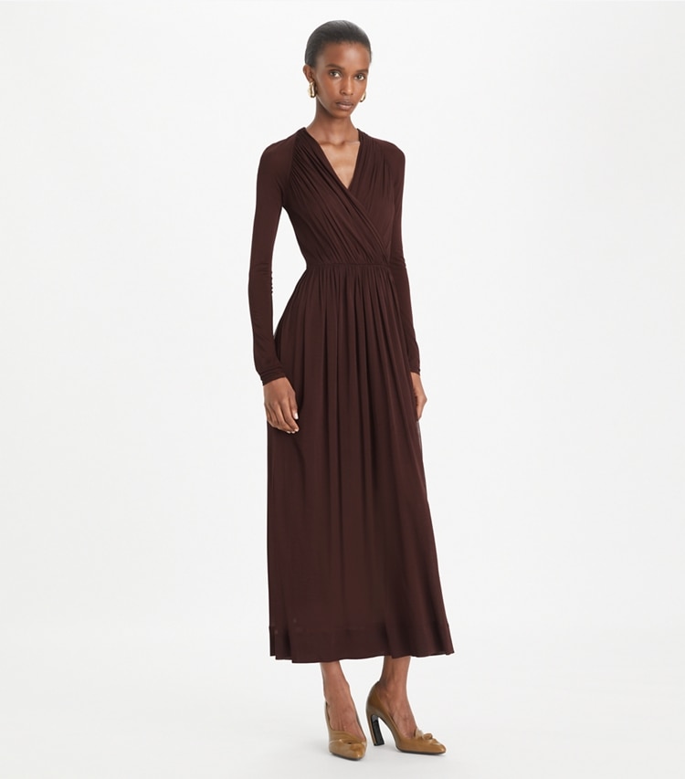 Tory Burch designer dresses Jersey Wrap Dress in Spiced Chocolate on model front