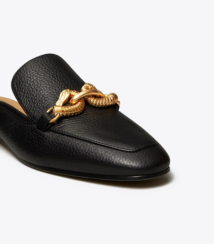 Tory Burch designer flats Jessa Backless Loafer in Perfect Black detail