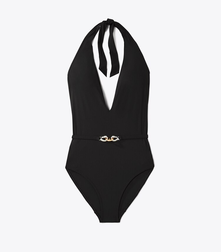Tory Burch designer badeanzüge Jessa Badeanzug mit V-Ausschnitt in Black front