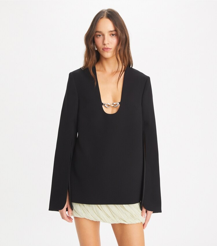 Tory Burch designer tops Jessa Crepe U-Neck Tunic in Black on model detail