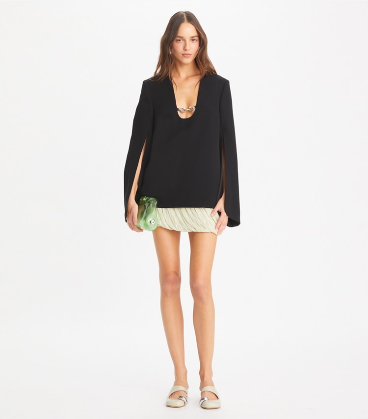 Tory Burch designer tops Jessa Crepe U-Neck Tunic in Black on model front