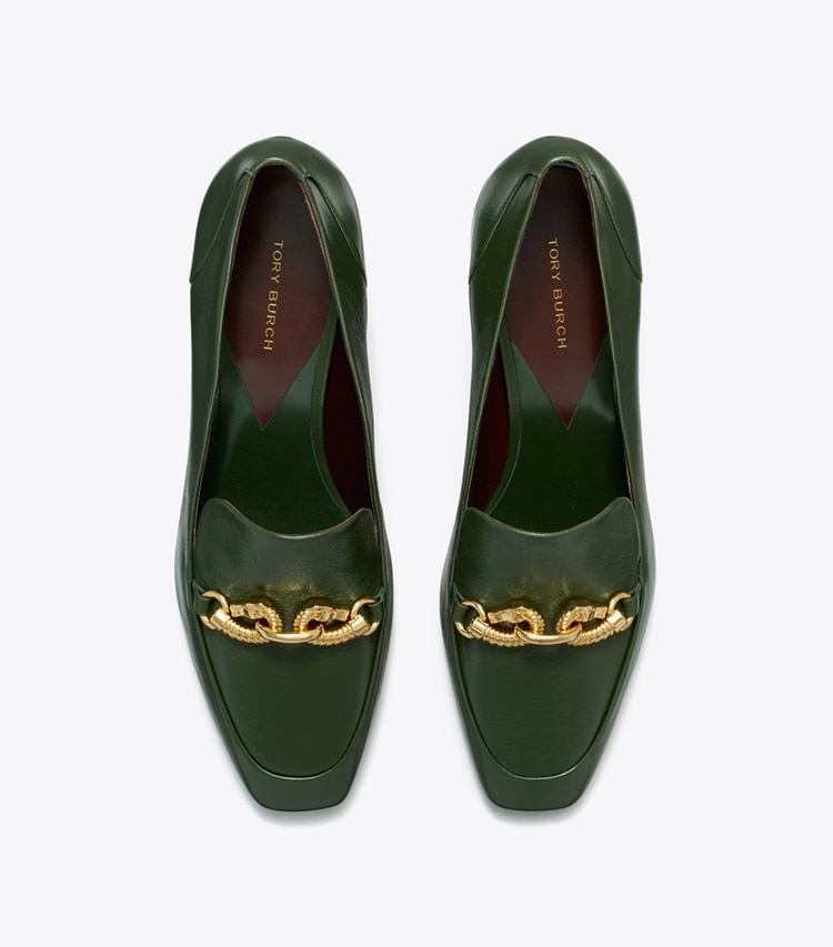Tory Burch designer heels Jessa Heeled Loafer in DARK EMERALD overhead