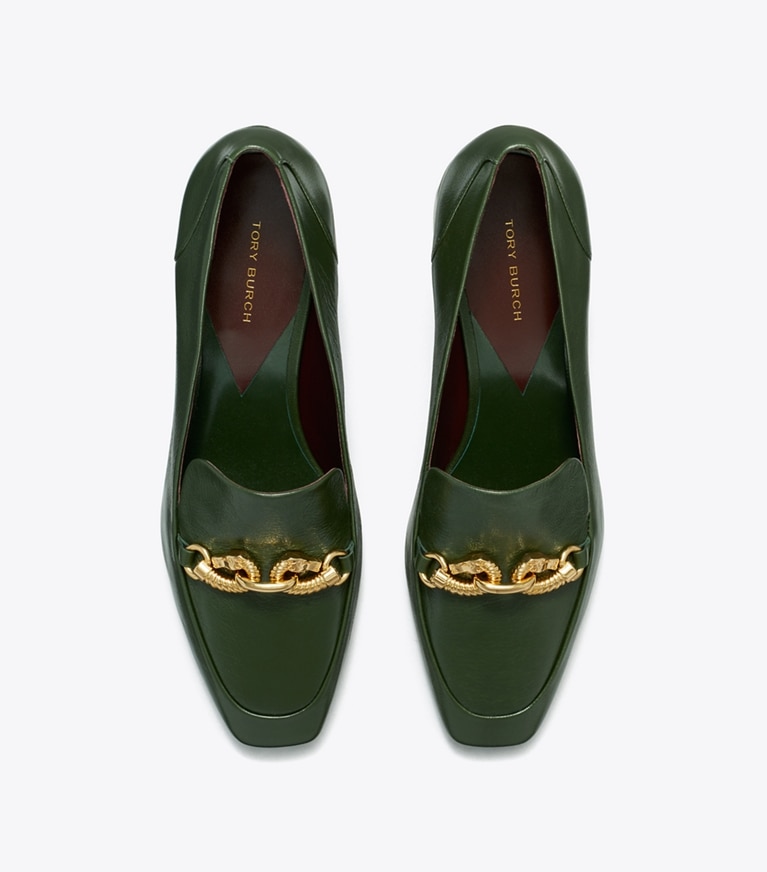 Tory Burch designer heels Jessa Heeled Loafer in DARK EMERALD angle