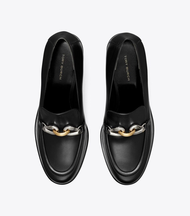 Tory Burch designer heels Jessa Heeled Loafer in PERFECT BLACK angle