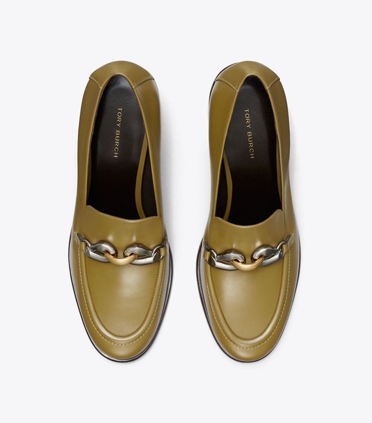 Tory Burch designer heels Jessa Heeled Loafer in RAMURE GREEN overhead