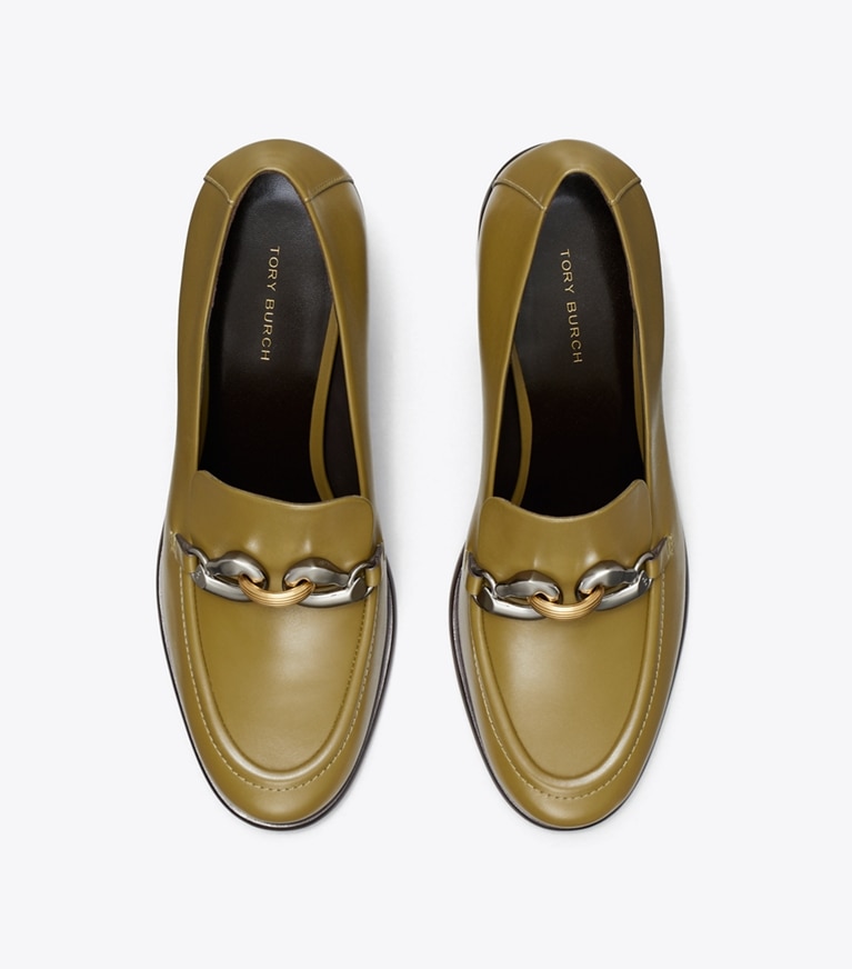 Tory Burch designer heels Jessa Heeled Loafer in RAMURE GREEN angle