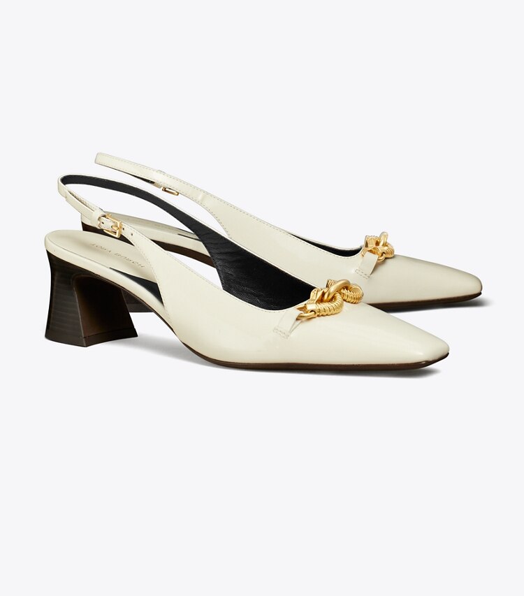 Tory Burch designer ヒール ジェッサ スリングバックヒール in LIGHT CREAM / GOLD angle
