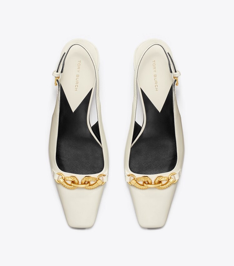 Tory Burch designer ヒール ジェッサ スリングバックヒール in LIGHT CREAM / GOLD オーバーヘッド