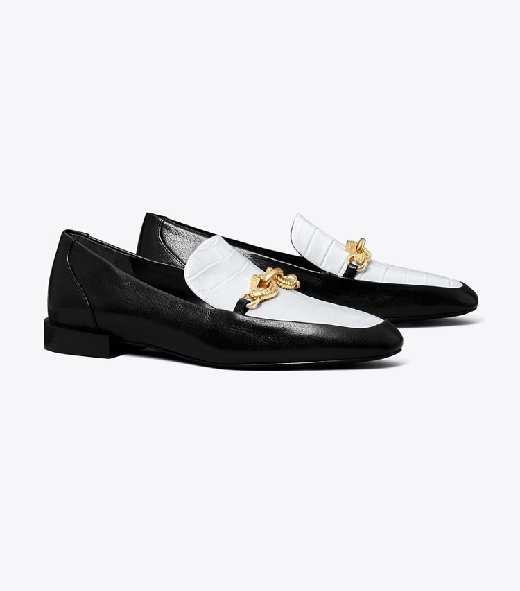 Tory Burch designer flats Jessa Loafer in GARDENIA / PERFECT BLACK angle