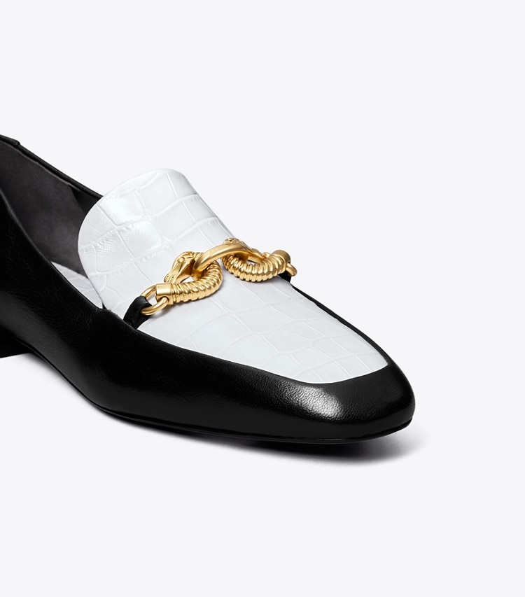 Tory Burch designer flats Jessa Loafer in GARDENIA / PERFECT BLACK detail
