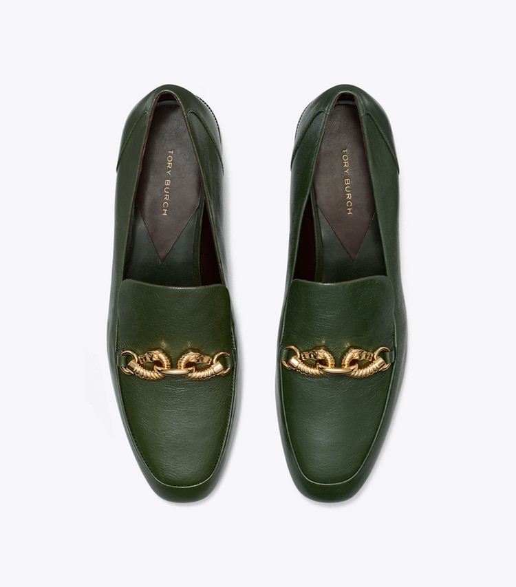 Tory Burch designer flats Jessa Loafer in DARK EMERALD overhead
