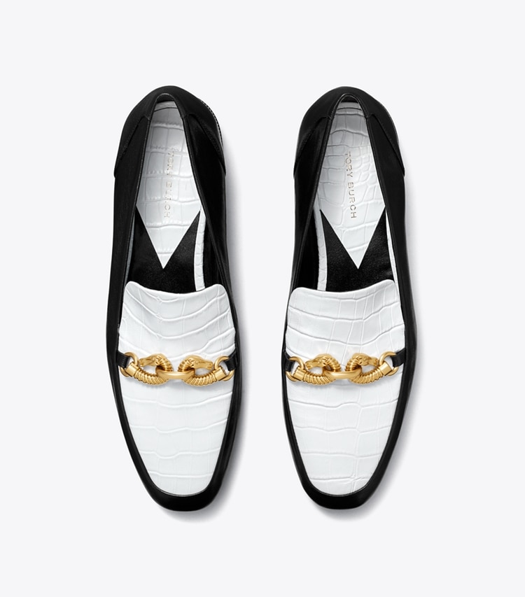 Tory Burch designer flats Jessa Loafer in GARDENIA / PERFECT BLACK overhead