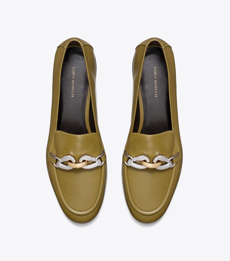 Tory Burch designer flats Jessa Loafer in RAMURE GREEN overhead