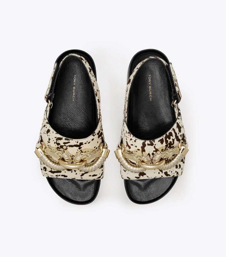 Tory Burch designer sandalen Jessa Plateausandale in COW PRINT / BLACK von oben