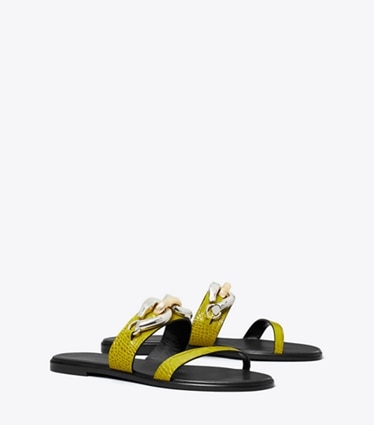 Tory Burch designer sandals Jessa Two-Strap Sandal in GREEN TOMATO angle